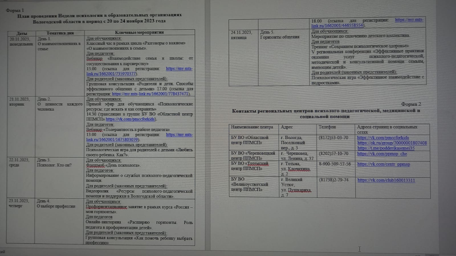 План проведения Недели психологии в образовательных организациях Вологодской области в период с 20 по 24 ноября 2023 года.